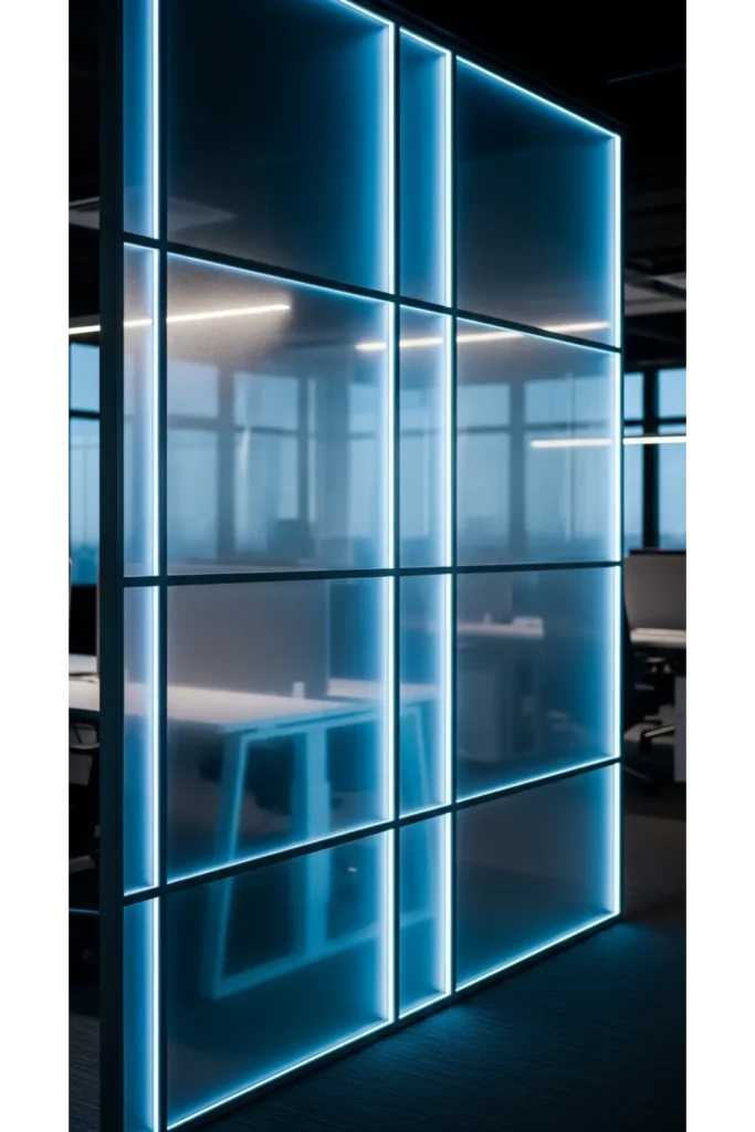 Living Room Partition Glass Design Interiors 23 Ideas 19 Glass Partition with Lighting