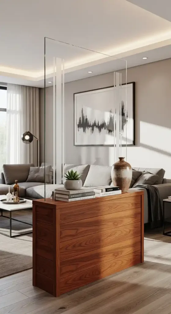 Living Room Partition Glass Design Interiors 23 Ideas 7 Glass Partition with Wooden Base