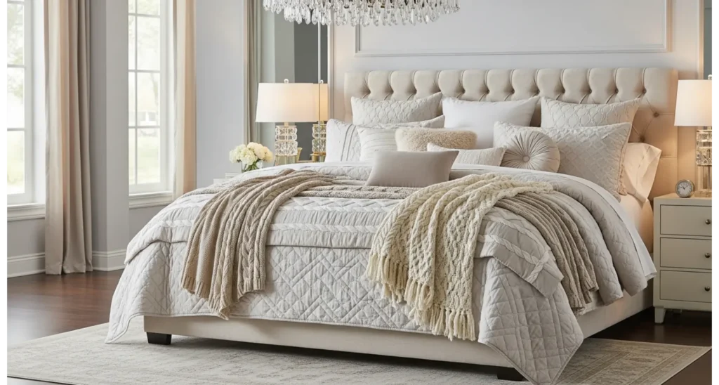 Neo-classical master bedroom ideas: 23 Luxe Tips 10 Layered Bedding with Rich Texture