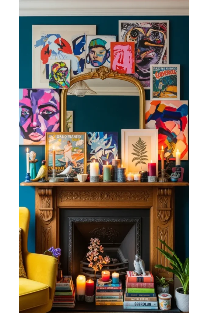 Maximalist Fireplace Styling