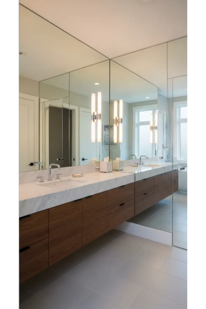 30 Magical Bathroom Ideas to Save Today 19 Mirror Wall Illusion
