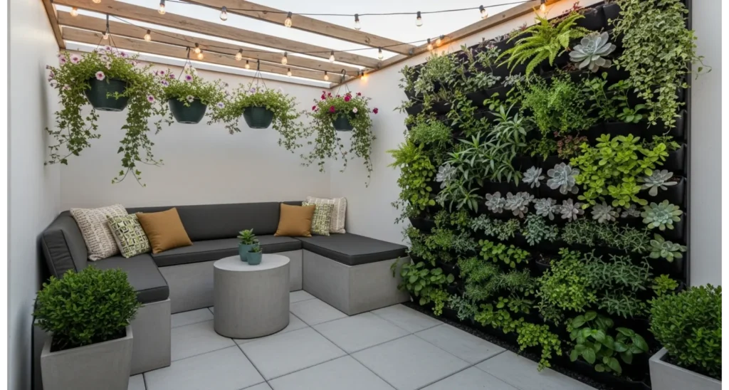 Back Patio Ideas Concrete: 23 Stylish Upgrades 12 Small Concrete Patio With Vertical Garden