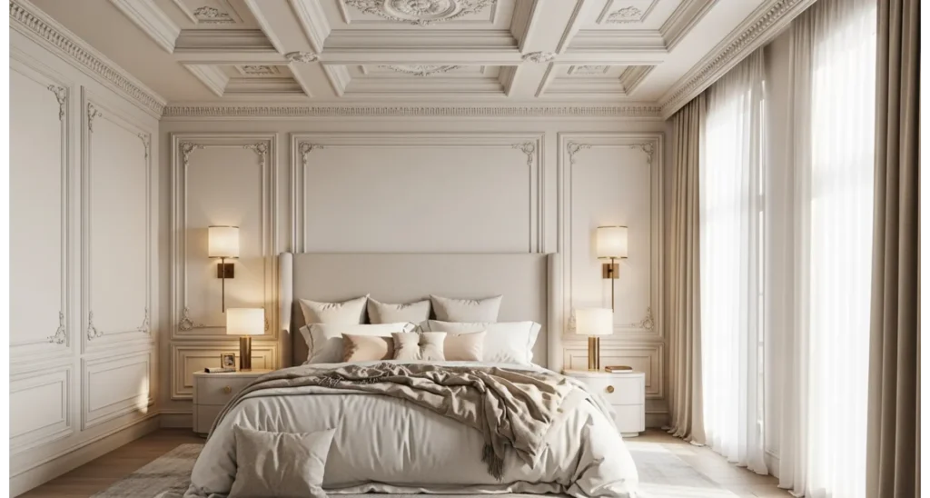 Neo-classical master bedroom ideas: 23 Luxe Tips 2 Statement Panel Walls with Soft Cream Tones