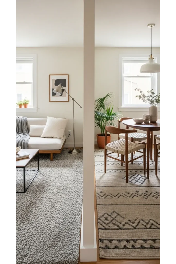 25 Modern Apartment Decor Ideas for Stylish Small Spaces 20 Zoned Layout with Area Rugs
